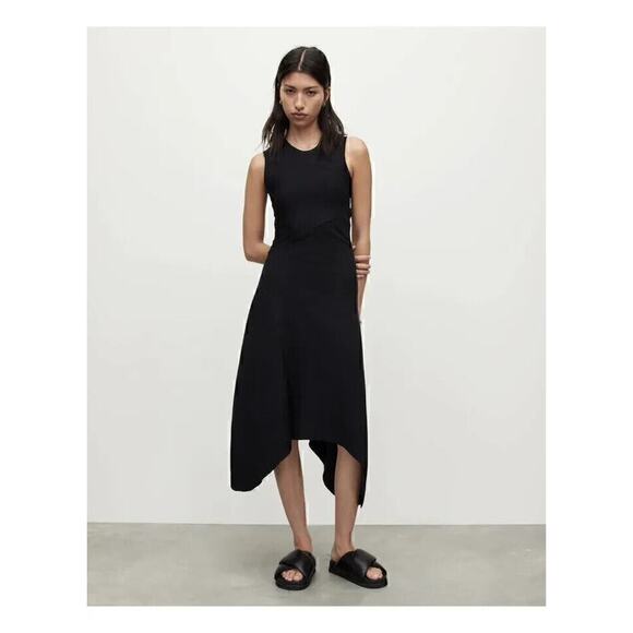 AllSaints Ribbed Knit Gia Asymmetric Midi Dress Women's Black Size 2 - Picture 3 of 9